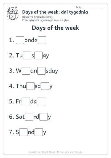 Karta pracy: Days of the week: dni tygodnia
