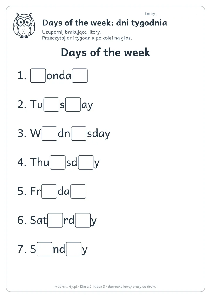 Podgląd karty: Days of the week: dni tygodnia