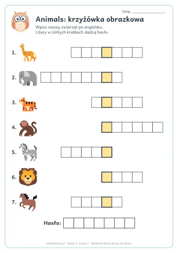 Karta pracy: Animals: krzyżówka obrazkowa