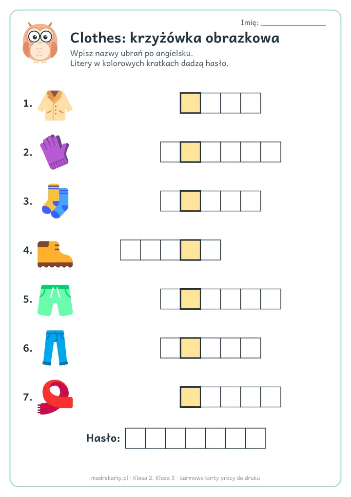 Podgląd karty: Clothes: krzyżówka obrazkowa