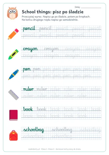 Karta pracy: School things: pisz po śladzie