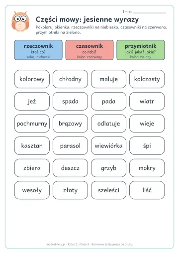 Karta pracy: Części mowy: jesienne wyrazy