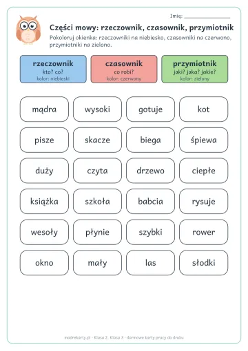 Karta pracy: Części mowy: rzeczownik, czasownik, przymiotnik