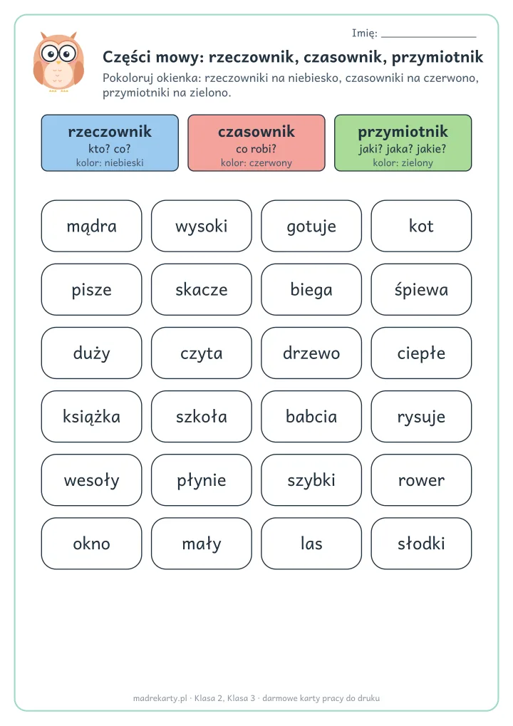 Podgląd karty: Części mowy: rzeczownik, czasownik, przymiotnik