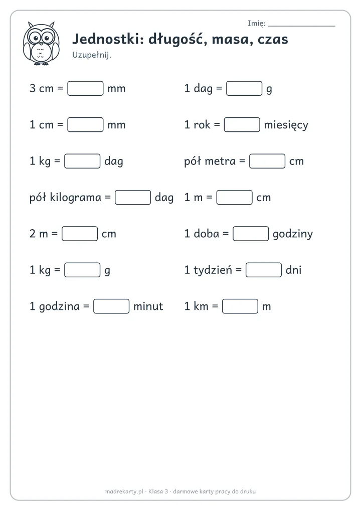Podgląd karty: Jednostki: długość, masa, czas