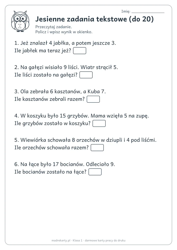 Podgląd karty: Jesienne zadania tekstowe (do 20)