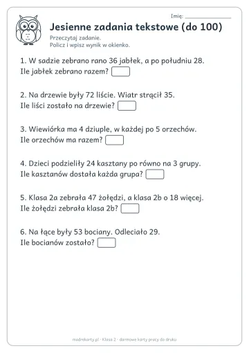Karta pracy: Jesienne zadania tekstowe (do 100)
