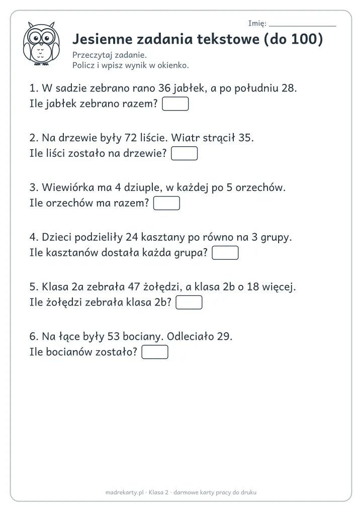 Podgląd karty: Jesienne zadania tekstowe (do 100)