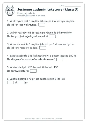 Karta pracy: Jesienne zadania tekstowe (klasa 3)