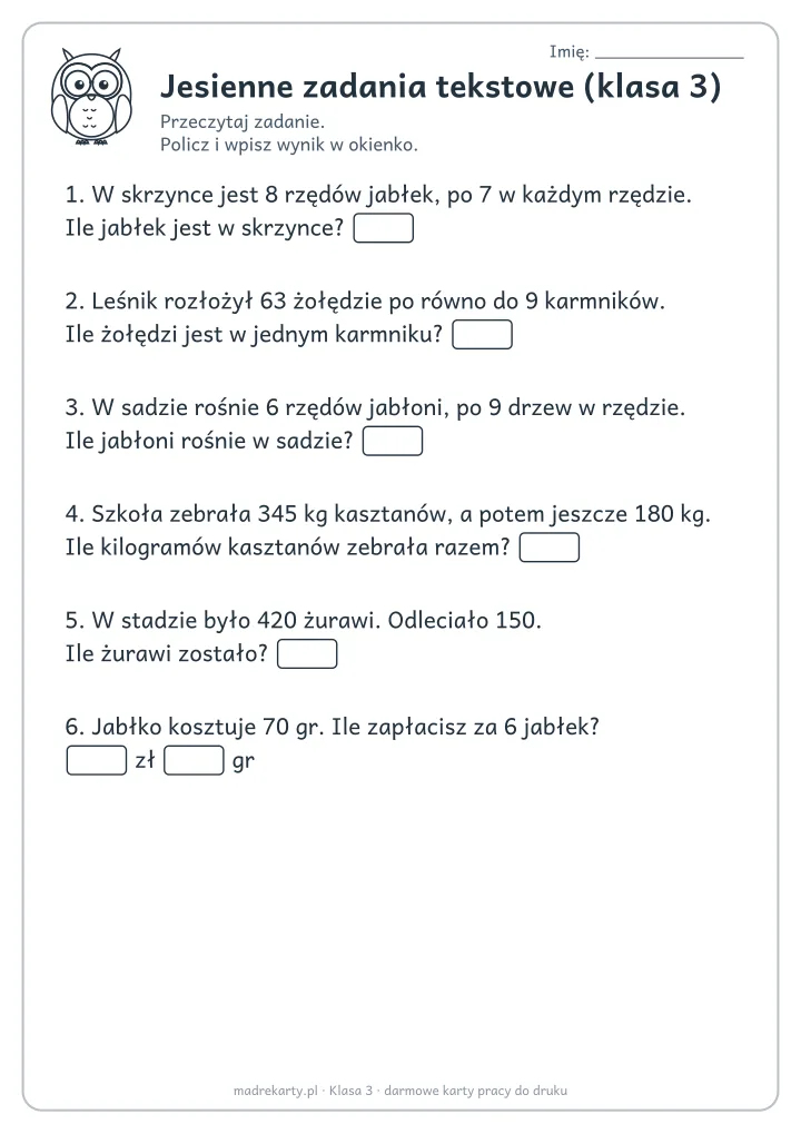 Podgląd karty: Jesienne zadania tekstowe (klasa 3)