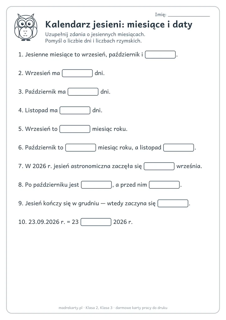Podgląd karty: Kalendarz jesieni: miesiące i daty
