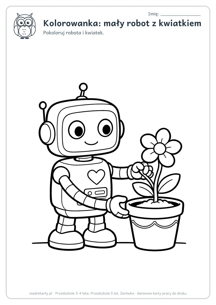 Podgląd karty: Kolorowanka: mały robot z kwiatkiem