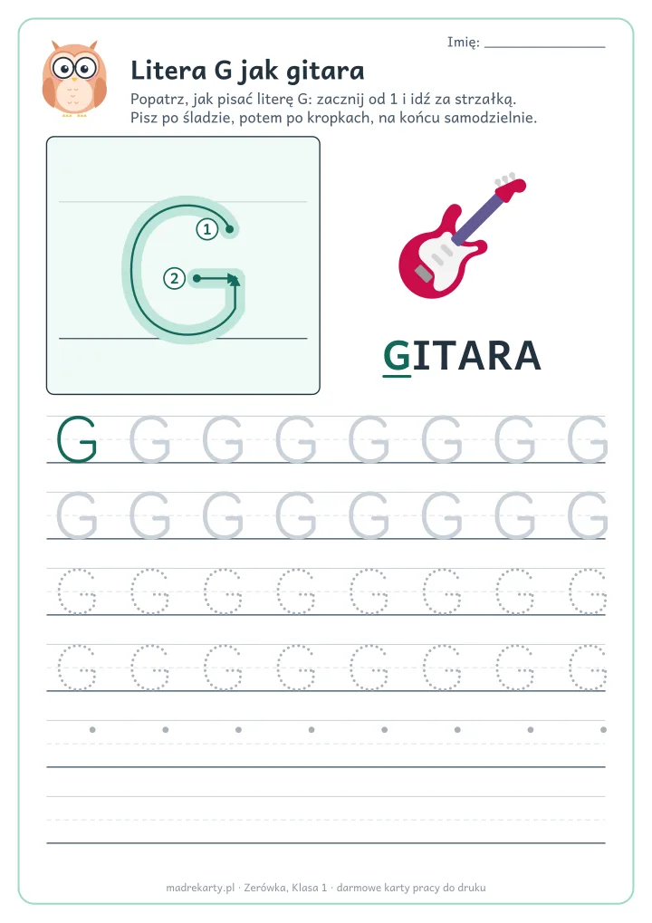 Karta pracy: Litera G jak gitara
