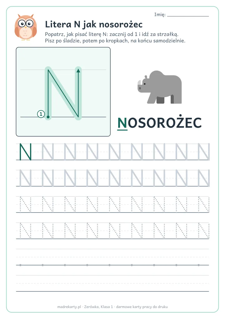 Karta pracy: Litera N jak nosorożec