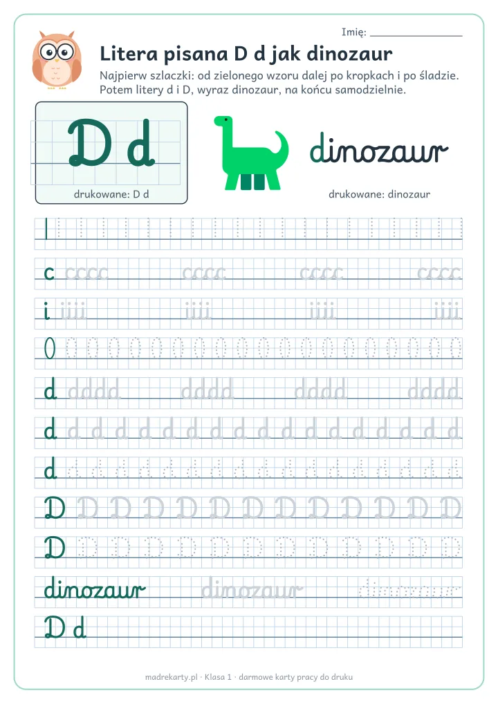 Podgląd karty: Litera pisana D d jak dinozaur