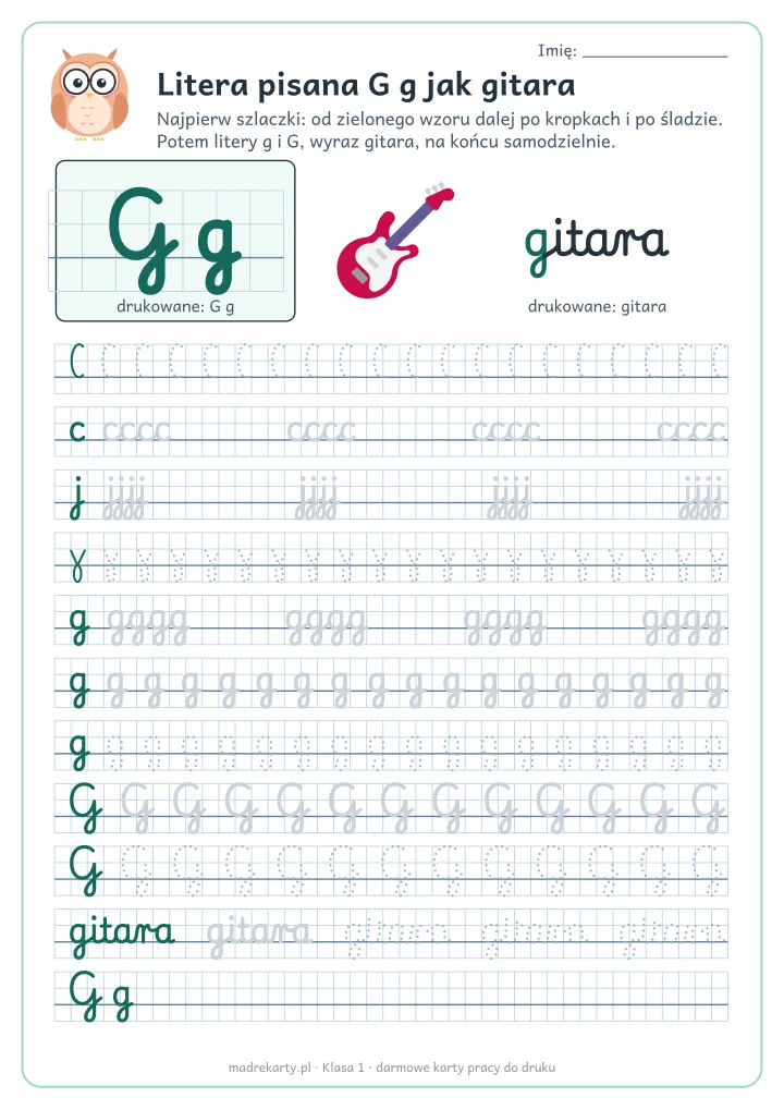 Podgląd karty: Litera pisana G g jak gitara