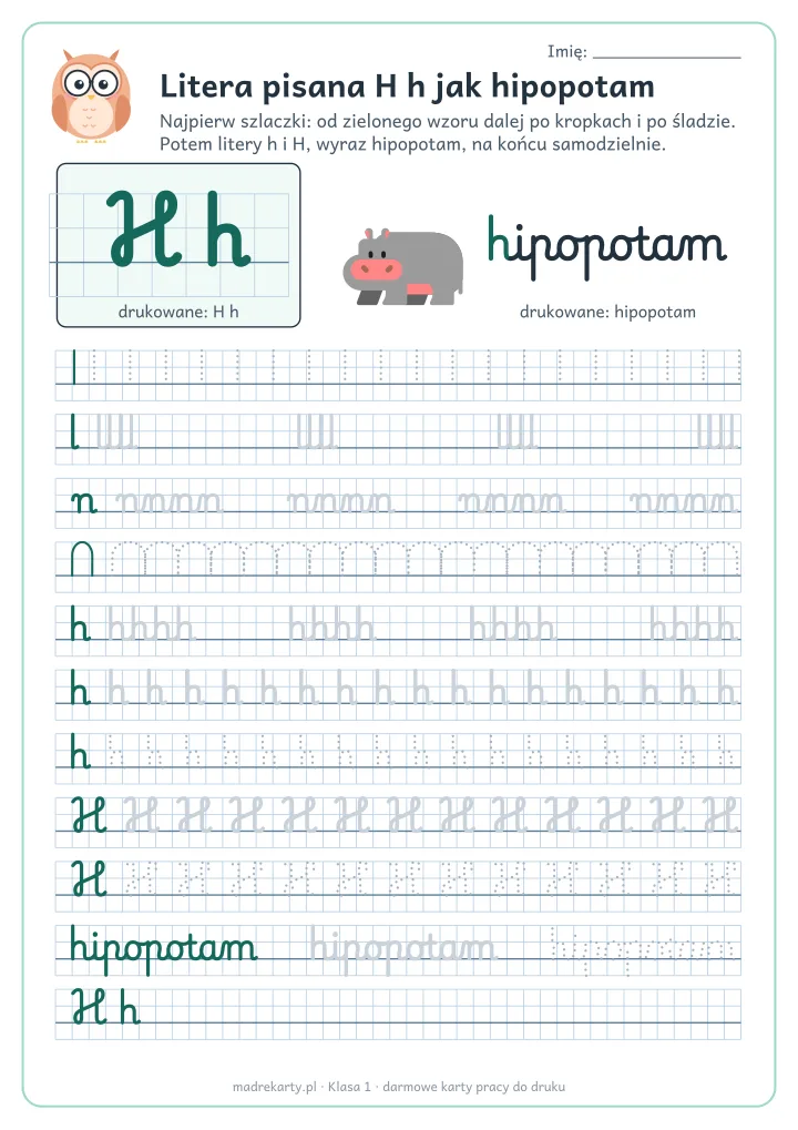 Podgląd karty: Litera pisana H h jak hipopotam