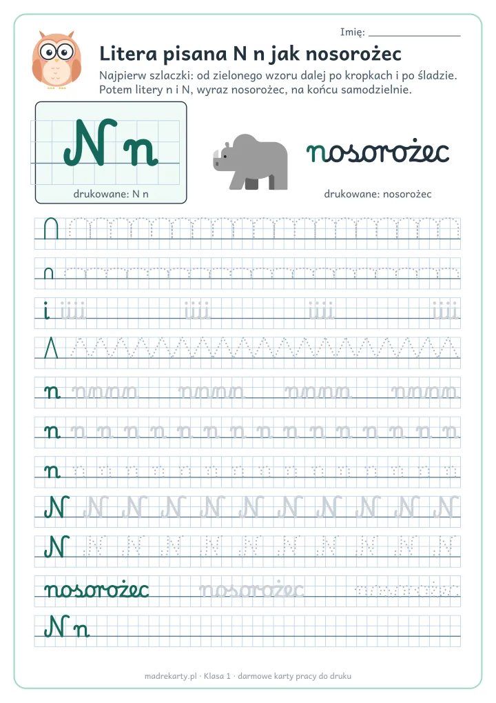 Podgląd karty: Litera pisana N n jak nosorożec