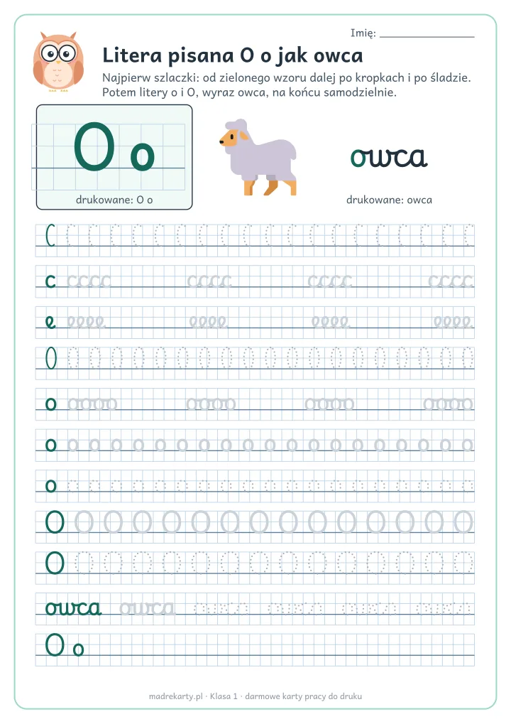 Podgląd karty: Litera pisana O o jak owca