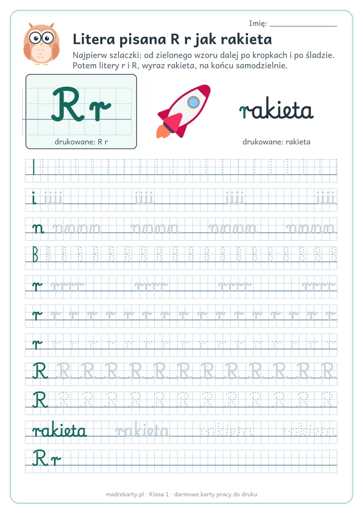 Podgląd karty: Litera pisana R r jak rakieta