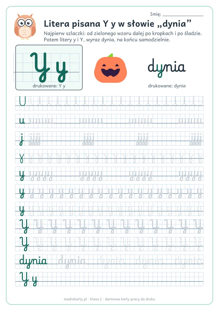 Podgląd karty: Litera pisana Y y jak dynia
