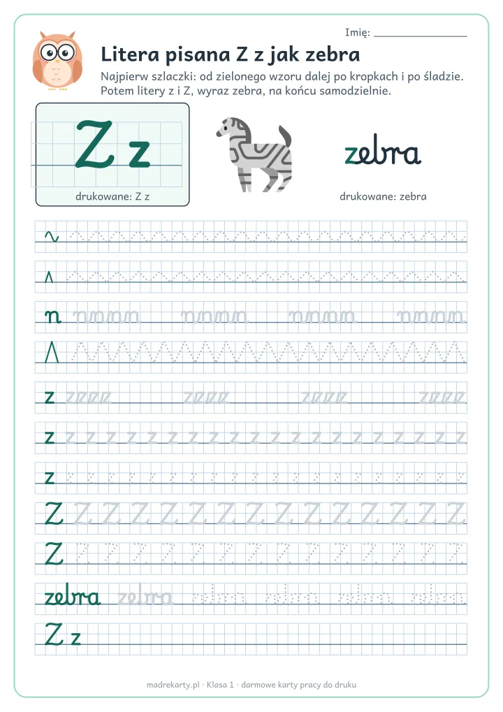 Podgląd karty: Litera pisana Z z jak zebra