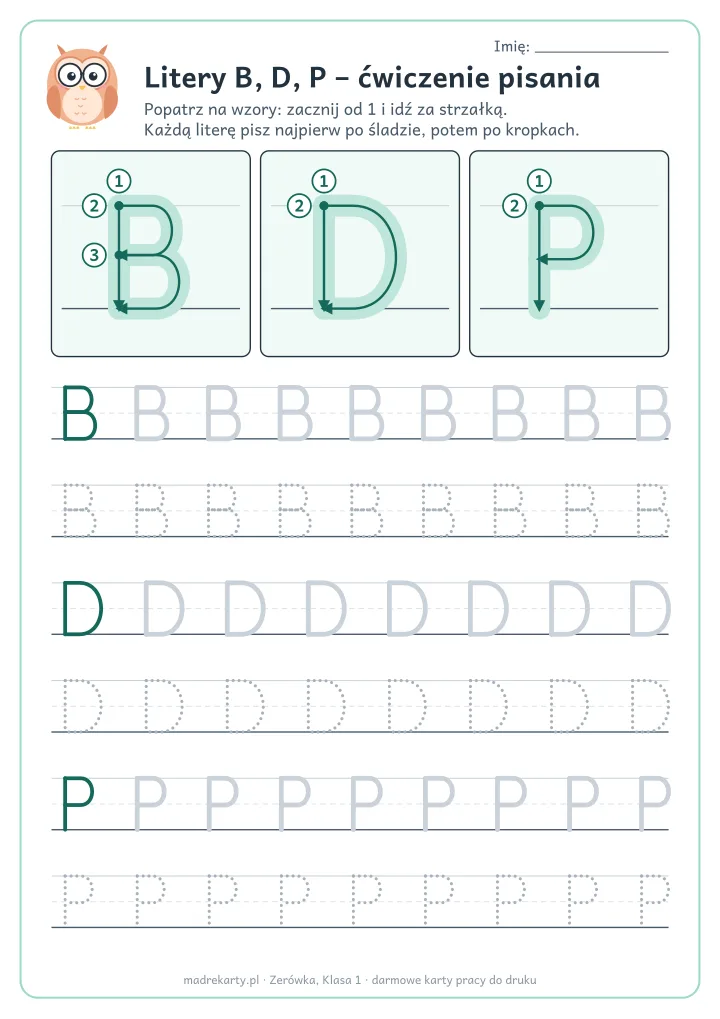 Podgląd karty: Litery B, D, P – ćwiczenie pisania