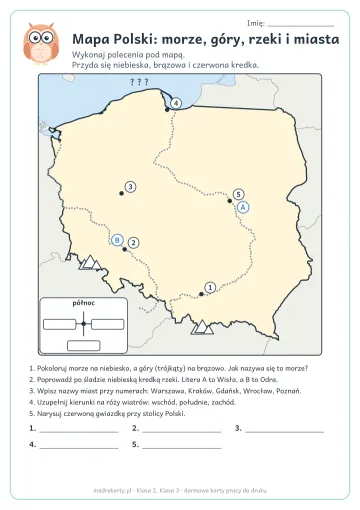 Karta pracy: Mapa Polski: morze, góry, rzeki i miasta