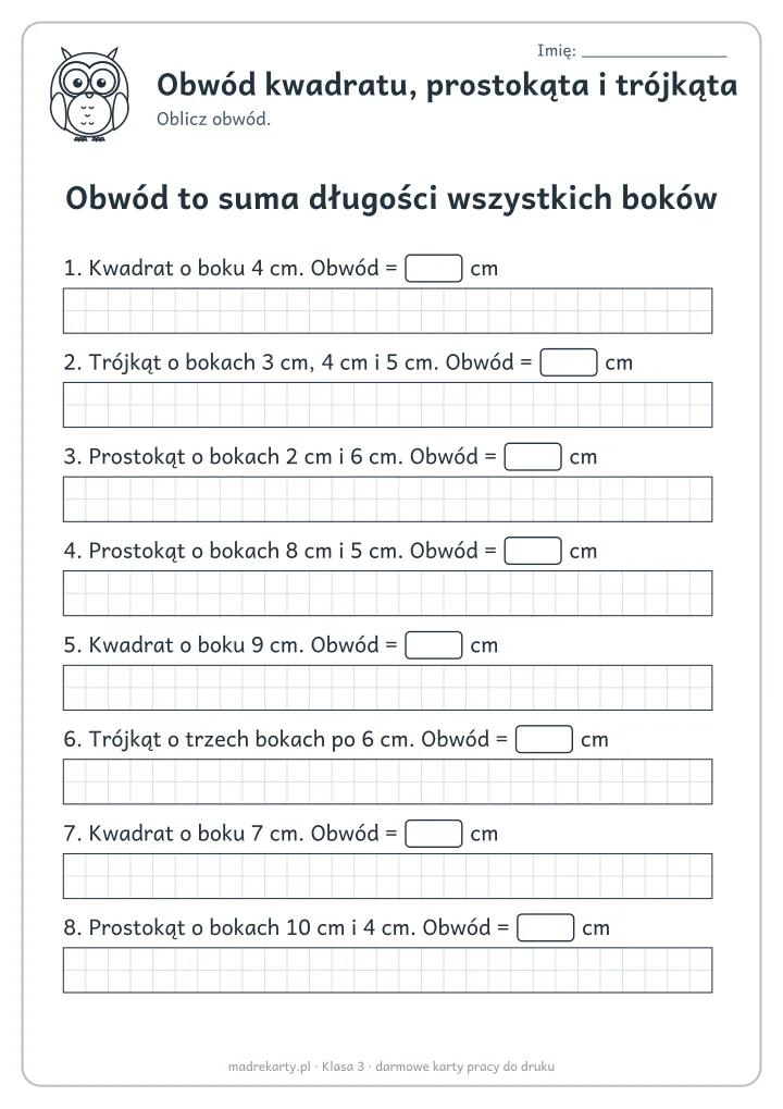 Podgląd karty: Obwód kwadratu, prostokąta i trójkąta