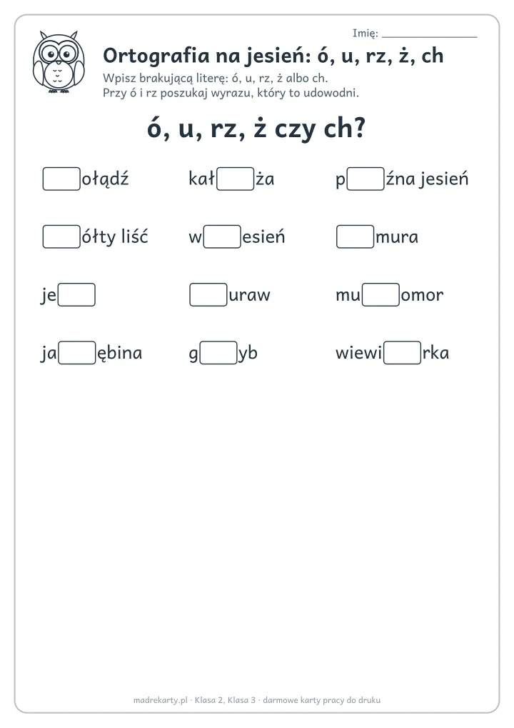 Podgląd karty: Ortografia na jesień: ó, u, rz, ż, ch
