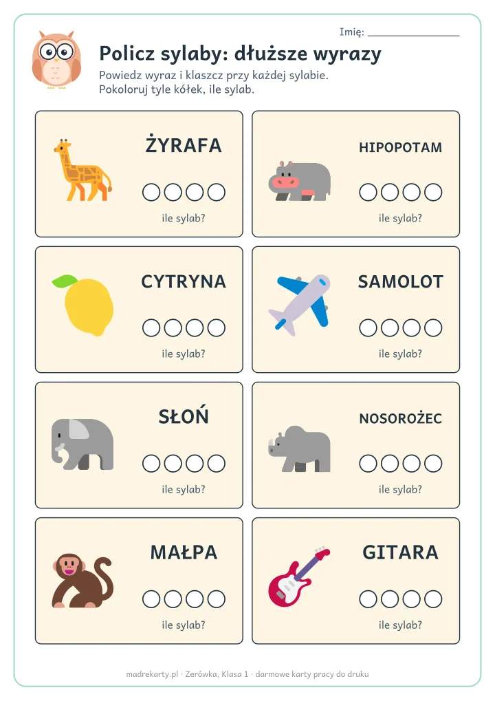 Podgląd karty: Policz sylaby: dłuższe wyrazy