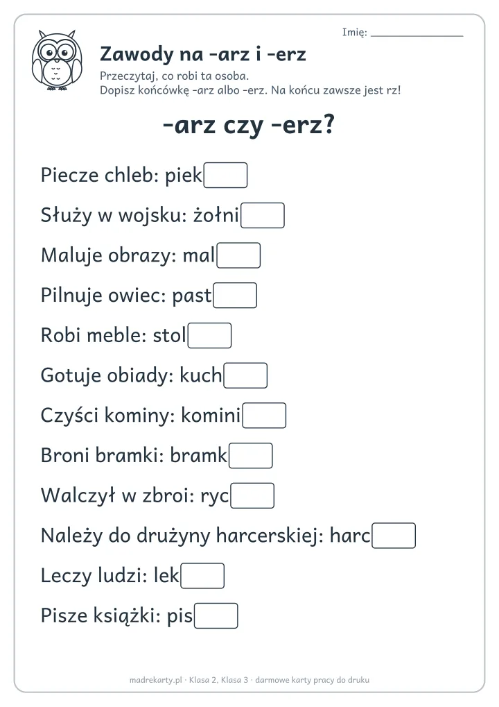 Podgląd karty: Zawody na -arz i -erz